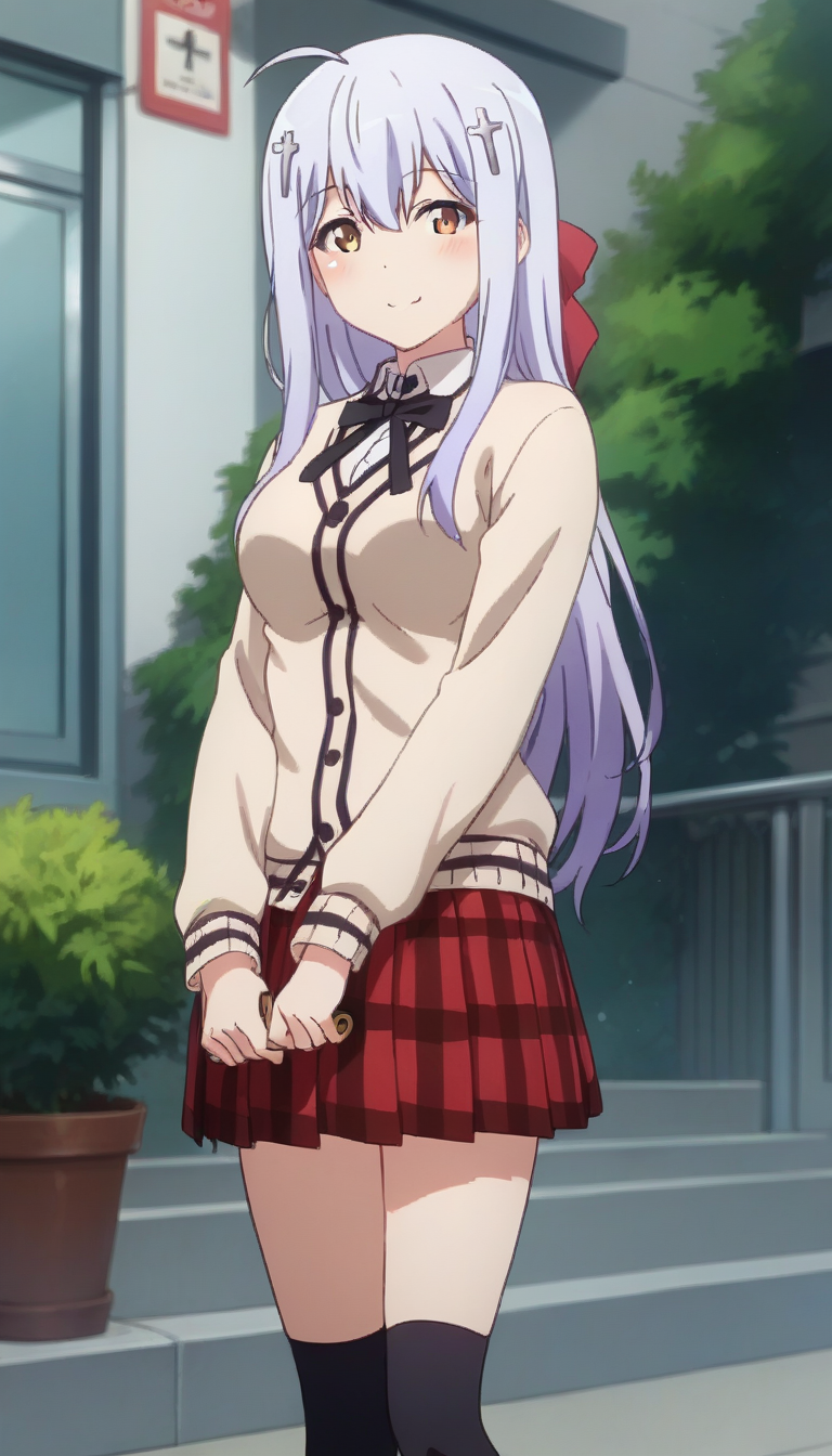 score_9,score_8_up,score_7_up,score_6_up BREAK official art,solo,outdoors,cowboy shot,looking at viewer,facing viewer,smile,blush,Raphiel Shiraha Ainsworth,ahoge,long hair,light purple hair,cross hair ornament,hair bow,sidelocks,hair between eyes,beige cardigan,neck ribbon,black ribbon,collared shirt,white shirt,long sleeves,medium breasts,plaid skirt,pleated skirt,red skirt,black socks,loafers,<lora:Raphiel Shiraha Ainsworth(gd)-Pony:1.5>,