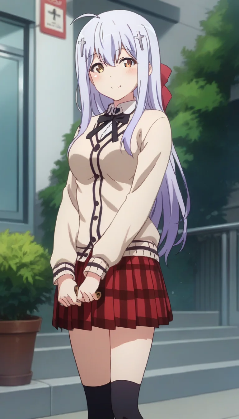score_9,score_8_up,score_7_up,score_6_up BREAK official art,solo,outdoors,cowboy shot,looking at viewer,facing viewer,smile,blush,Raphiel Shiraha Ainsworth,ahoge,long hair,light purple hair,cross hair ornament,hair bow,sidelocks,hair between eyes,beige cardigan,neck ribbon,black ribbon,collared shirt,white shirt,long sleeves,medium breasts,plaid skirt,pleated skirt,red skirt,black socks,loafers,<lora:Raphiel Shiraha Ainsworth(gd)-Pony:1.5>,