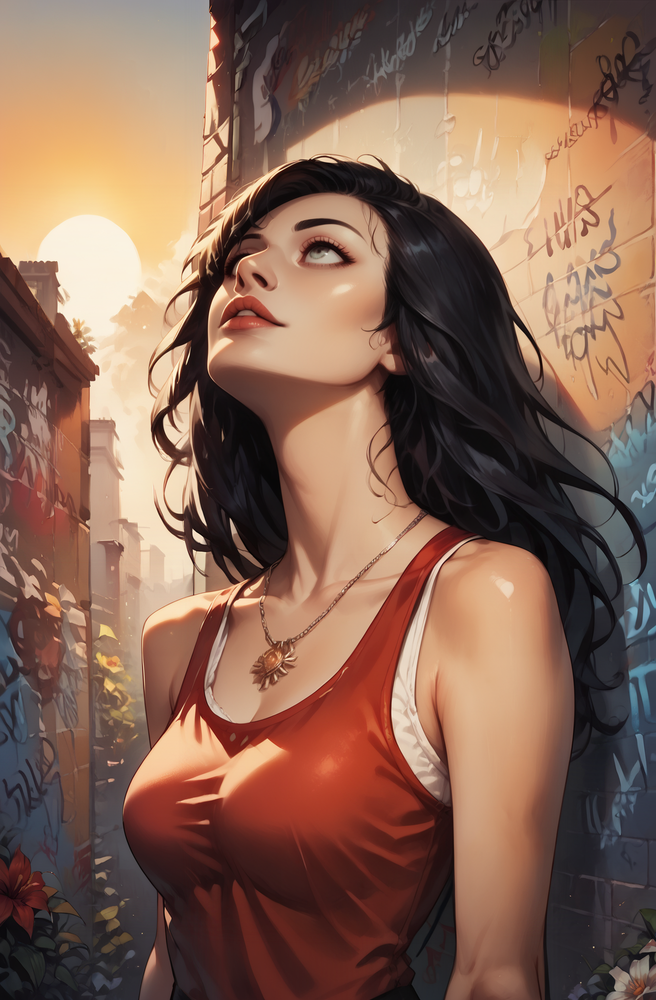 score_9_up, score_8_up, score_7_up, score_9_up, score_8_up, score_7_up, Casual, cell_shading, detailed, detailed background, detailed face, shiny skin, masterpiece, best quality, highly detailed, (realistic face), 
1 woman, red shirt, backalley, partial cloudy, posters, flowers, (sunset:1.4), (Graffiti wall:1.3), upper Body, focus face, (looking up:0.7), black hair, long hair, floating hair,  tank top, white bra, (surprised:0.6), leaning at wall, simple necklace,
<lora:incase-ilff-v3-4:0.4> <lora:Hyung_Tae_Kim_Style_BladeSoul_for_Pony:0.8>  <lora:Kyouyasai4423_PonyXL_Style:0.8>  <lora:PaintedComicstyleV1:0.7>