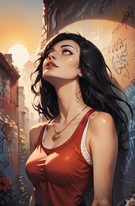 score_9_up, score_8_up, score_7_up, score_9_up, score_8_up, score_7_up, Casual, cell_shading, detailed, detailed background, detailed face, shiny skin, masterpiece, best quality, highly detailed, (realistic face), 
1 woman, red shirt, backalley, partial cloudy, posters, flowers, (sunset:1.4), (Graffiti wall:1.3), upper Body, focus face, (looking up:0.7), black hair, long hair, floating hair,  tank top, white bra, (surprised:0.6), leaning at wall, simple necklace,
<lora:incase-ilff-v3-4:0.4> <lora:Hyung_Tae_Kim_Style_BladeSoul_for_Pony:0.8>  <lora:Kyouyasai4423_PonyXL_Style:0.8>  <lora:PaintedComicstyleV1:0.7>