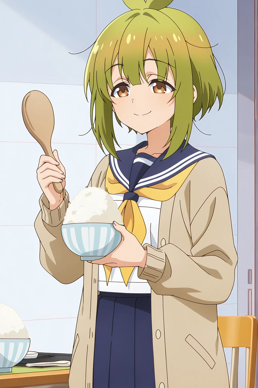 detailed background, official style,anime coloring, (anime screencap) masterpiece, detailed face,1girl   <lora:Meme_Bashame_r2:0.8>Meme, green hair, solo, school uniform, brown eyes, skirt, rice, bowl, serafuku, smile, blue skirt, cardigan, holding, sailor collar, pleated skirt, shamoji, indoors, neckerchief, open cardigan, short hair, long sleeves, chair, white shirt, spoon, brown cardigan, holding bowl, open clothes, shirt, closed mouth, blue sailor collar, desk