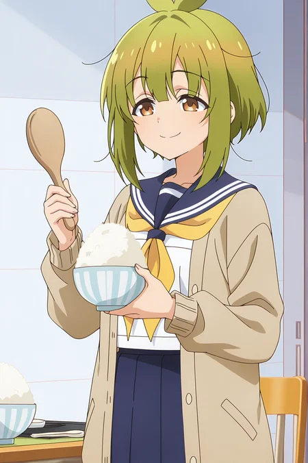 detailed background, official style,anime coloring, (anime screencap) masterpiece, detailed face,1girl <lora:Meme_Bashame_r2:0.8>Meme, green hair, solo, school uniform, brown eyes, skirt, rice, bowl, serafuku, smile, blue skirt, cardigan, holding, sailor collar, pleated skirt, shamoji, indoors, neckerchief, open cardigan, short hair, long sleeves, chair, white shirt, spoon, brown cardigan, holding bowl, open clothes, shirt, closed mouth, blue sailor collar, desk