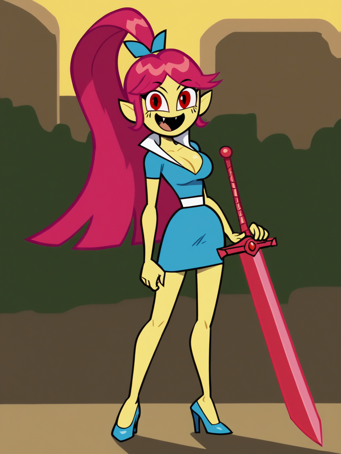 score_6_up,<lora:YIN-YANG-YO:0.7>,yellow skin,fangs,smokexl,hourglass figure,parody,long hair, pink hair, 1girl,solo,no nose,red eyes,happy,full body,standing,looking at viewer,blue clothes,big sword, cleavage,outdoor, light,blue high heels, ponytail,tall female,