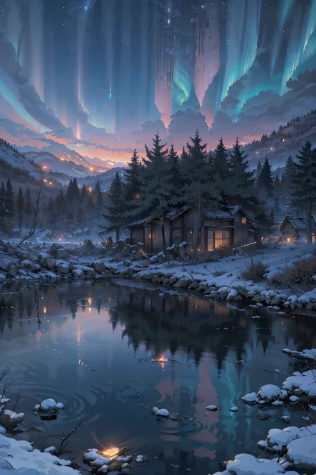 (masterpiece:1.3),(best quality:1.1)masterpiece,high quality,highres,absurdres,scenery,aurora,night,multicolored,camp,shore,architecture,reflection,cold,snow,winter,pine tree,<lora:Detailed_Places_R-128_v1:0.7>