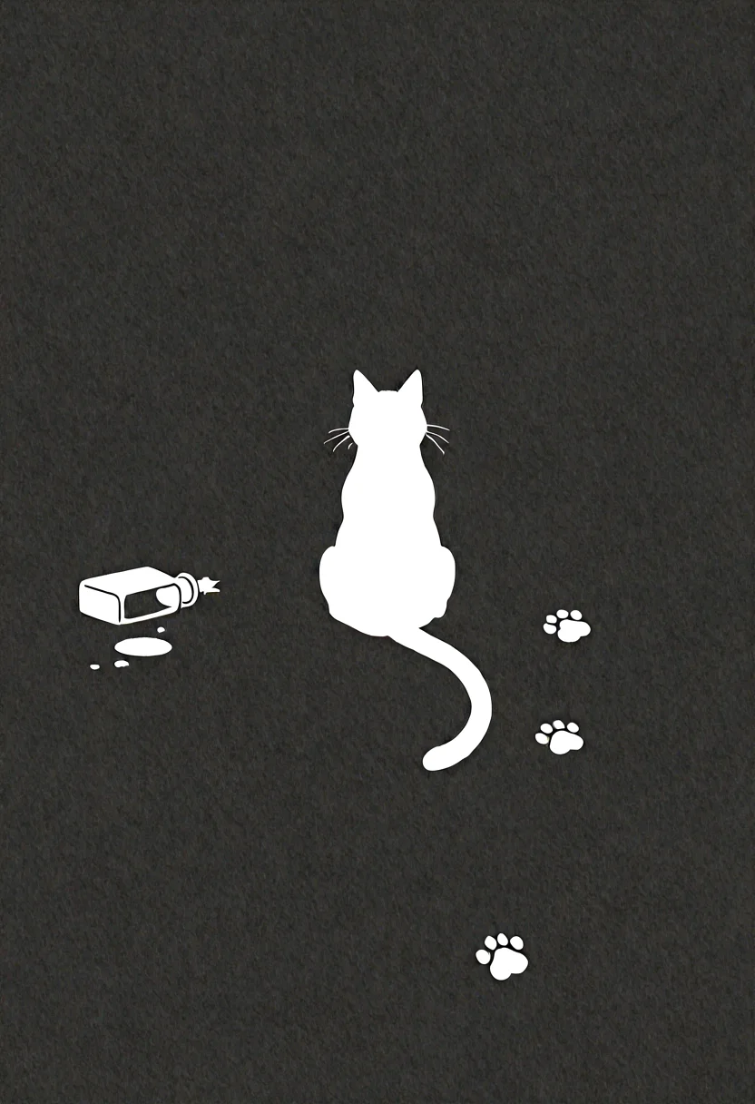 1cat, cat footprints, spilled Ink, fallen ink bottle, flat color, simple design, lineart, silhouette, masterpiece, best quality, amazing quality, very aesthetic, absurdres, newest,