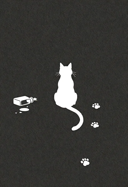 1cat, cat footprints, spilled Ink, fallen ink bottle, flat color, simple design, lineart, silhouette, masterpiece, best quality, amazing quality, very aesthetic, absurdres, newest,
