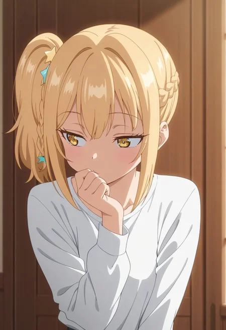 masterpiece,best quality,amazing quality, nonoa miyamae, blonde hair, yellow eyes, 1girl, braid, solo, hair ornament, star hair ornament, anime coloring, star (symbol), sidelocks, side ponytail, long sleeves, white shirt