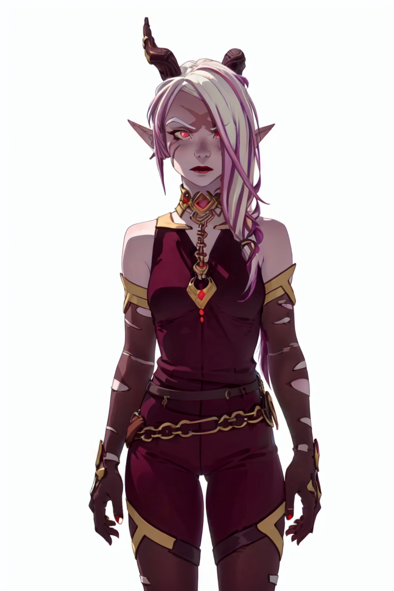Bloodmoon Huntress, elf, horns, one broken horn, (solid white background, plain background, white background:1.5), (realistic:1.2), (masterpiece:1.2), (full-body-shot:1),(Cowboy-shot:1.2), dark romantic lighting, (highly detailed:1.2), (detailed face:1.2), (gradients), colorful, detailed eyes, (natural lighting:1.2), solo, <lora:add_detail:0.3> <lora:DragonPrince_BloodmoonHuntress-10:0.8> <lora:BeautifulEyes:0.3>