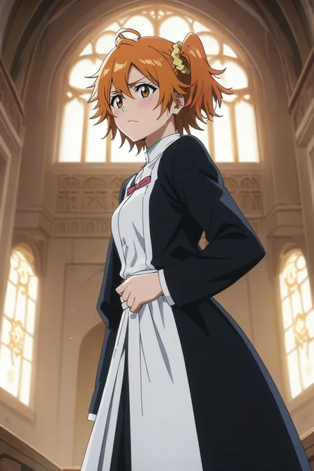 score_9, score_8_up, score_7_up, source_anime, anime screencap, rating_safe, intricate details, , , 1girl, fujimaru ritsuka \(female\), orange hair, yellow eyes, ahoge, hair scrunchie, one side up, solo, from below, castle, indoors, dark, (dynamic pose), shy, blush, <lora:bleach_tybw_style_pony:0.86>, bleach_tybw_style, , <lora:sdxl_lightning_8step_lora:1>