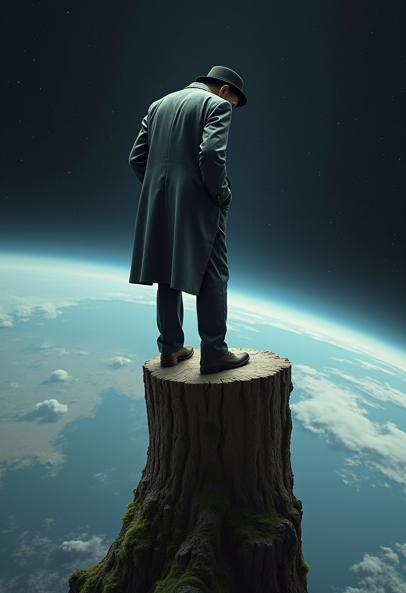 The image you provided is a striking piece of digital art. It features an old  man photographed from the back side leaning forward wearing a suit and a black hat and a classic grey color trench standing on a high tree stump with his hands in the pockets, seemingly suspended above the Earth and looking down at the Earth. The stump is covered with old moss. The background is a vast expanse of earth surface from the space, filled with stars. His face is not visible.

The composition is striking and creates a sense of isolation and introspection. The vertical orientation of the image emphasizes the height and distance from the earth below. The man's small figure against the vastness of the Earth surface further accentuates this feeling of insignificance. The use of a tree stump as his platform adds a touch of surrealism and a connection to nature, despite the cosmic setting.

Color Scheme:

The color scheme is predominantly cool tones, with a dark, almost black background, contrasting with the lighter blues and whites of the Earth and the man's clothing. This creates a sense of contrast and depth, drawing the eye to the central figure. The limited color palette contributes to the overall mood of the image, which is one of solitude and contemplation. 

**Style and Mood:**

The style is a collage masterpiece. The man and the tree stump are rendered realistically, while the background is more abstract, with the Earth and space represented in a simplified way. This contrast creates a dreamlike, almost otherworldly atmosphere. The overall mood is one of isolation and contemplation. The lone figure on the tree stump suggests a sense of detachment from the world below, and the vastness of space emphasizes the smallness of human existence.

**Interpretation:**

The image could be interpreted in various ways. It might symbolize the insignificance of human life in the grand scheme of the universe. Or, it could represent a desire for solitude and introspection. The man's posture, with his head bowed, suggests a sense of humility or perhaps even despair.

**Overall:**

This image is a thought-provoking piece of art that invites the viewer to consider their place in the world. It is a visually striking and emotionally resonant work that will stay with the viewer long after they have looked away.
