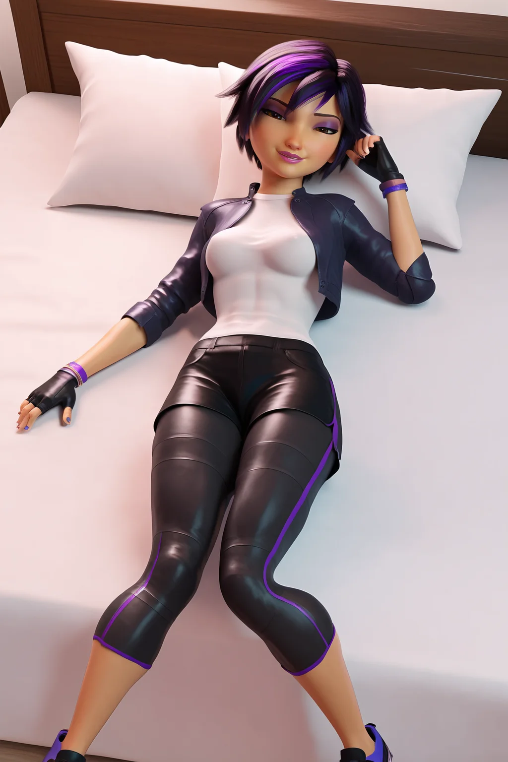 score_9, score_8_up, score_7_up, score_6_up, BREAK, GoGoTomagoBH6XL, purple eyeshadow, pink lips, brown eyes, black hair, purple hair, multicolored hair, short hair, streaked hair, medium breasts, open jacket, cropped jacket, black jacket, white shirt, black gloves, fingerless gloves, black shorts, capri pants, black shoes, 3d, (solo), full body, lying on bed, seductive smile, looking at viewer, indoors <lora:GoGoTomagoBH6XL:1>