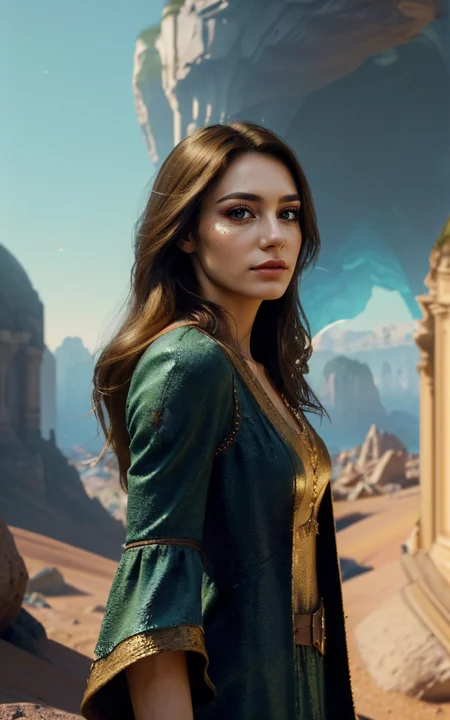 (clothed, masterpiece, wide angle, cinematic establishing shot, young adult european woman, highly detailed background:1.2), volumetric lighting, subsurface scattering, dynamic pose, (special effects, color grading, fantasy aura), (Elemental Geomancer:1.4), (Medium Covered breasts:0.81), Rock formations, earthy robes, geomantic symbols, stone guardians  OverallDetail HairDetail