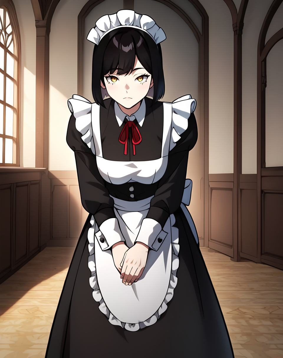 belle_maya, black hair, short hair, yellow eyes, 1girl, wrist cuffs, simple maid uniform, white maid headdress, white apron, red neck ribbon, black skirt, BREAKindoors, medieval, bedroom, BREAK looking at viewer, bowing, skirt hold, neutral face, skirt hold bowing, leaning forward  BREAK, solo, score_9, score_8_up, score_7_up, source_anime ,zPDXL,  <lora:Belle_Maya_Pony:0.8>