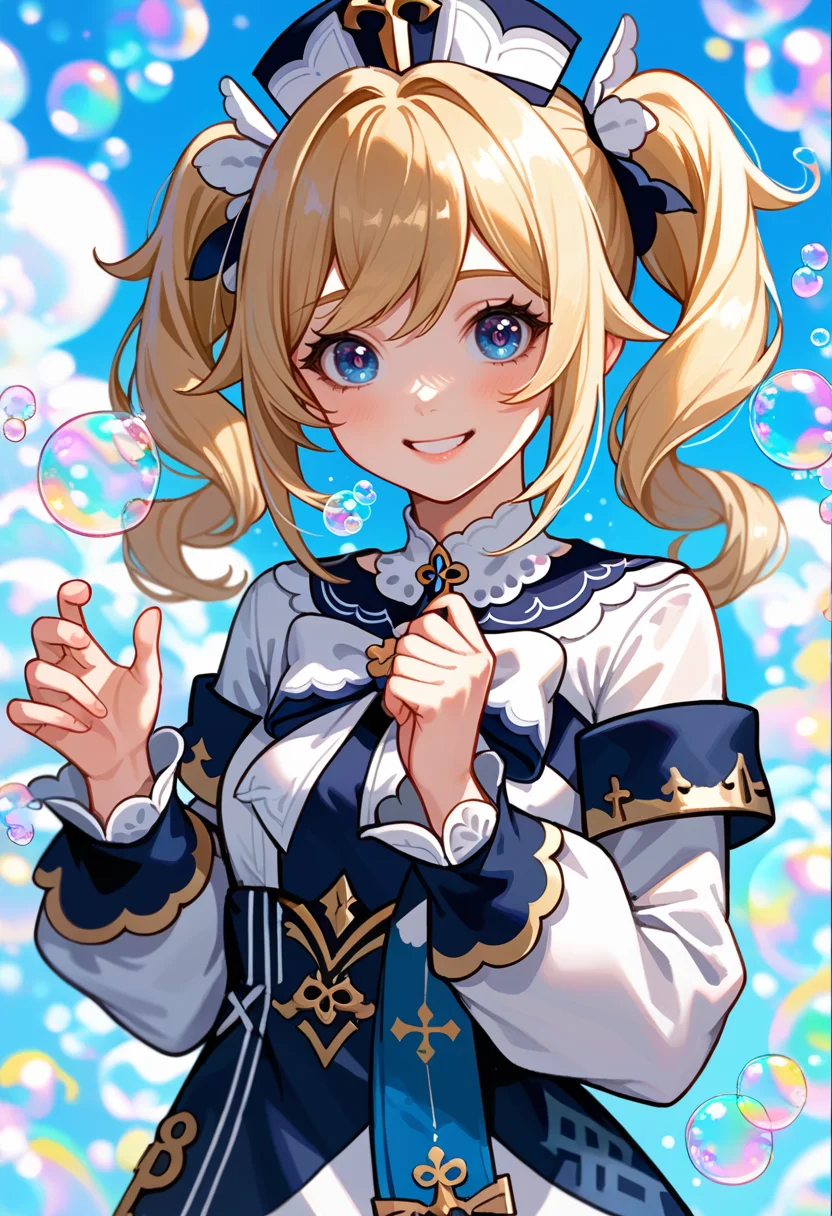 score_9, score_8_up, score_7_up, source_anime, perfect anatomy, ,cowbow shot ,front view,,,cute face , solo,looking at viewer, 20yo, 1girl, barbara,blonde hair, twintail \(genshin imapct\) }, open eyes , soap bubble background fantasy, white bubbles, medium bubbles , rainbow bubbles ,large bubbles, smile beam, (clothed:1.2)<lora:soap-bubble-fantasy-04:1.2>