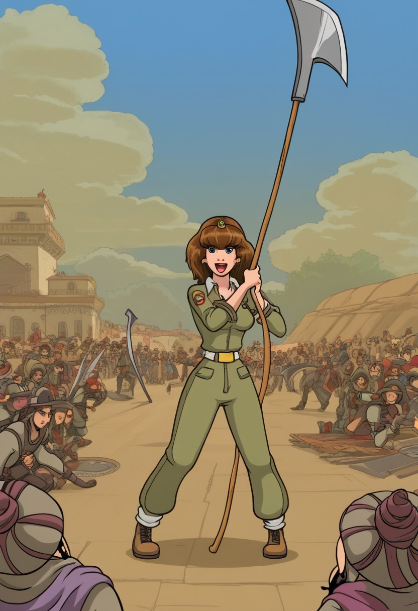 happy girl, random_combat_action_pose, scythe (4K4BUR5TYL3)