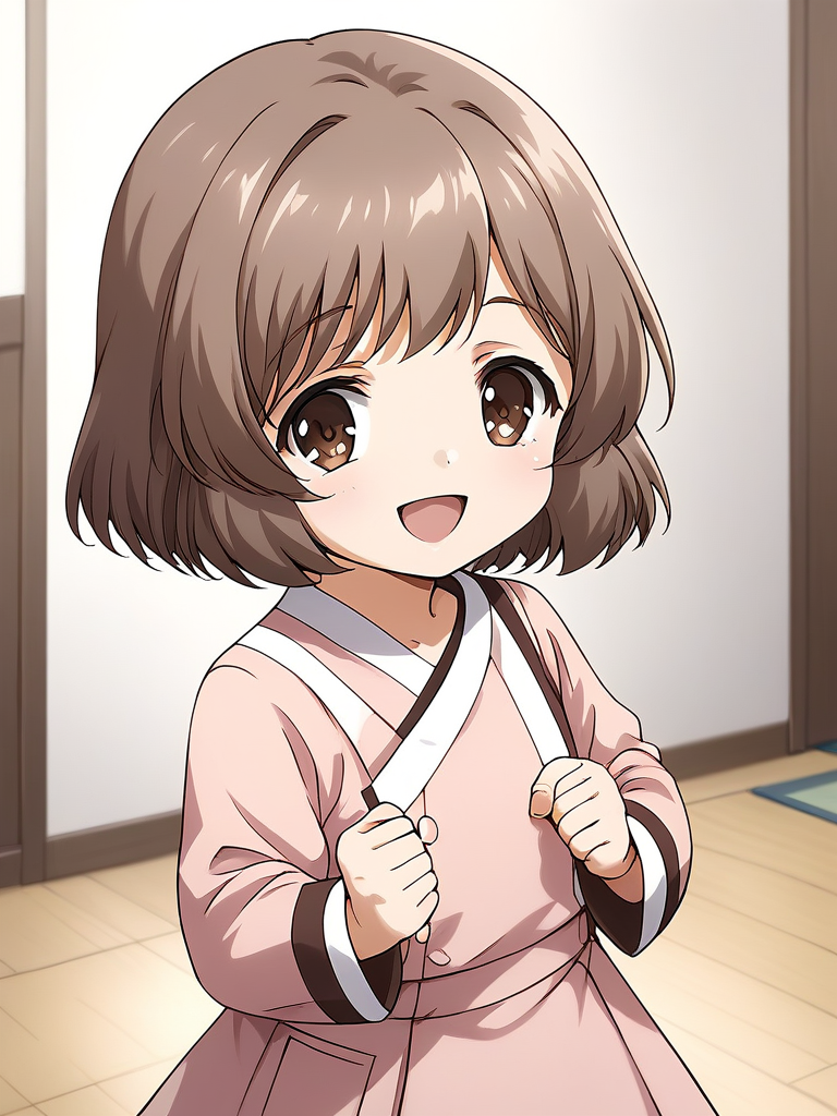 score_9, score_8_up, score_7_up, source_anime, rating_explicit, BREAK  <lora:Amatsuka_Sakura_Ver2.0_XL:1> AmatsukaSakura, brown hair, short hair, brown eyes, bangs, no hat, chibi, smile,
1girl, solo, smile, open mouth, looking at viewer, :d, clenched hands, indoors,  upper body, long sleeve, light pink dress,
room, flooring,