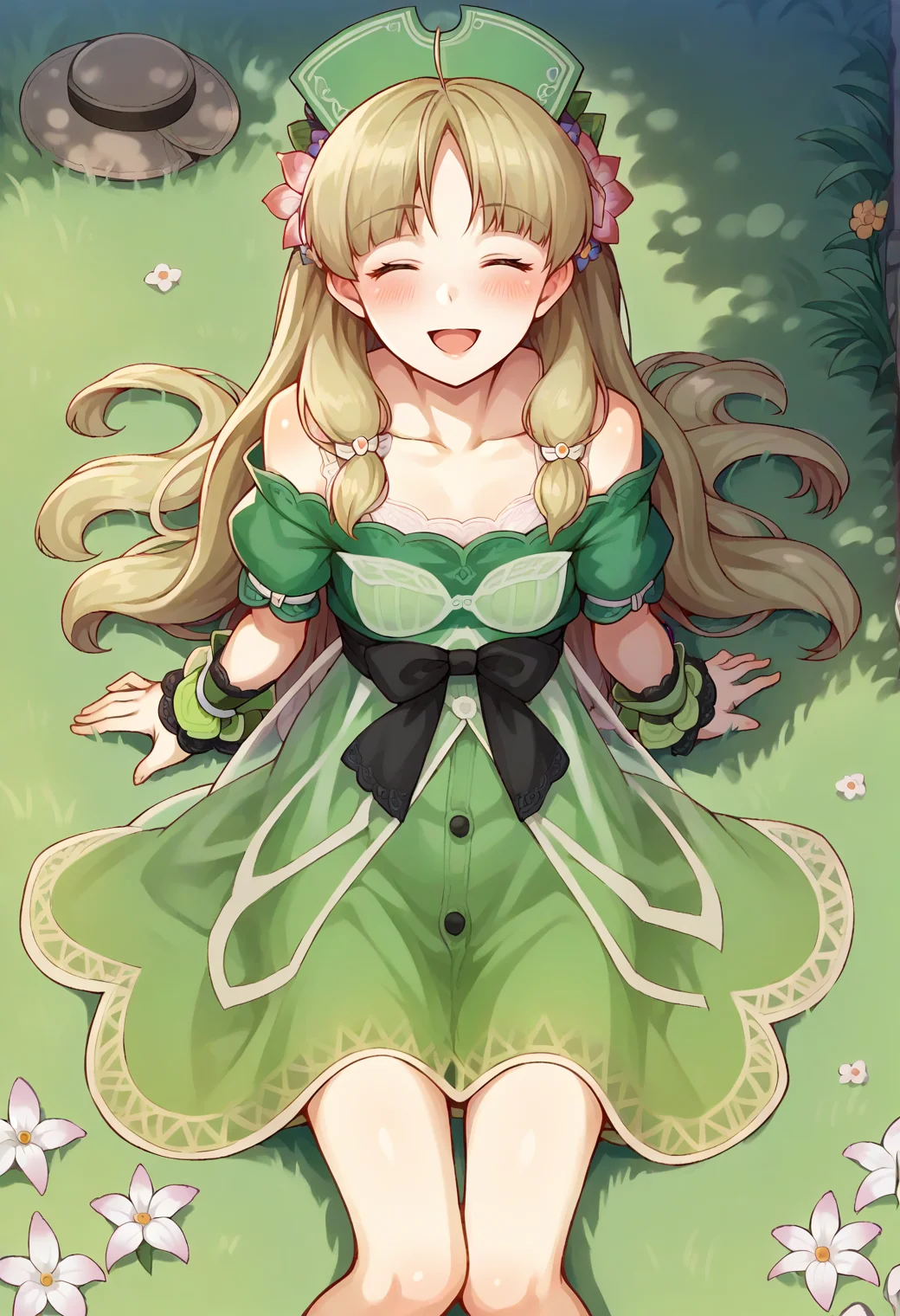 score_9, score_7_up, hd, (ultra hd quality details), source_anime, outdoors, grass, on floor,
solo, 1girl, aaayesha, long hair, hair flower,
ayeshadef, green dress, green shirt, hat, waist bow, wrist cuffs, green skirt, bare shoulders, see-through,
looking at viewer, blush, closed eyes, open mouth,
sitting, from above, smile,
<lora:_ayesha_altugle-elesico-pony-000011:1>