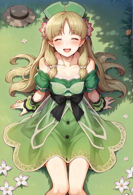 score_9, score_7_up, hd, (ultra hd quality details), source_anime, outdoors, grass, on floor,
solo, 1girl, aaayesha, long hair, hair flower,
ayeshadef, green dress, green shirt, hat, waist bow, wrist cuffs, green skirt, bare shoulders, see-through,
looking at viewer, blush, closed eyes, open mouth,
sitting, from above, smile,
<lora:_ayesha_altugle-elesico-pony-000011:1>