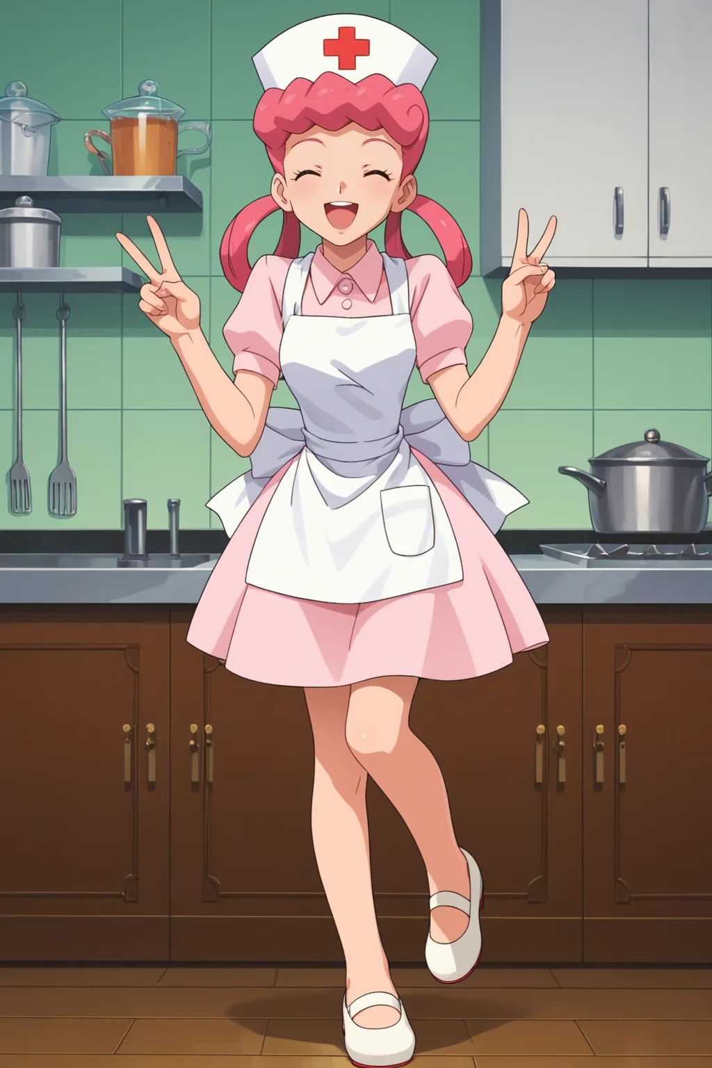 score_9, score_8_up, score_7_up, score_6_up, score_5_up, score_4_up, BREAK, <lora:Miss_Joy-000004:.7>, 1girl, Miss Joy, pink hair, hair rings, blue eyes, pink dress, apron, white footwear, nurse cap, standing, one leg bent, peace sign, smiling, eyes closed
