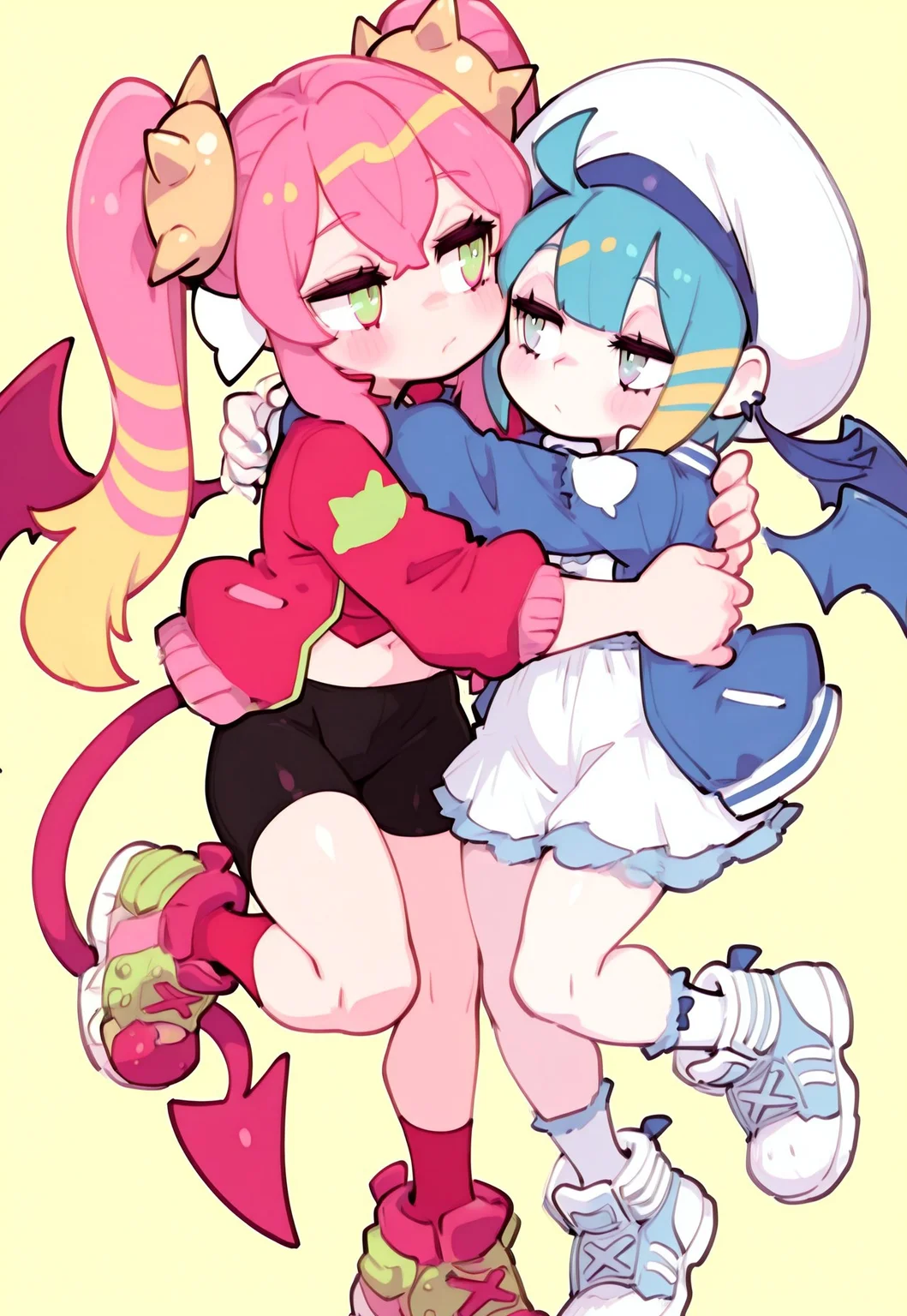 2 girls,LiveTwinLil-laYu-Gi-Oh, short hair, blue hair, small breasts, white headwear, blue jacket, white dress, socks, blue footwear, wings, LiveTwinKi-sikilYu-Gi-Oh, long hair, pink hair, twintails, spike, red jacket, open jacket, crop top, bike shorts, pink footwear, tails, art by Parororo, keaihuafeng,hug each other