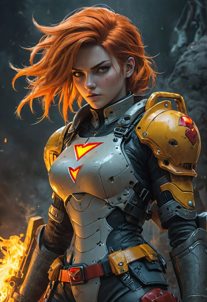 An illustration of a fierce character with fiery hair, in the style of Molecular, [lara croft:(princess peach:1.2):(zelda princess):panam palmer:samus:ciri:(jill valentine:1.3)], Al Capp, intense and powerful, photo-enhanced, cyberpunk genre, (orange yellow red fiery red:1.4)