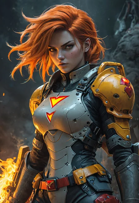 An illustration of a fierce character with fiery hair, in the style of Molecular, [lara croft:(princess peach:1.2):(zelda princess):panam palmer:samus:ciri:(jill valentine:1.3)], Al Capp, intense and powerful, photo-enhanced, cyberpunk genre, (orange yellow red fiery red:1.4)