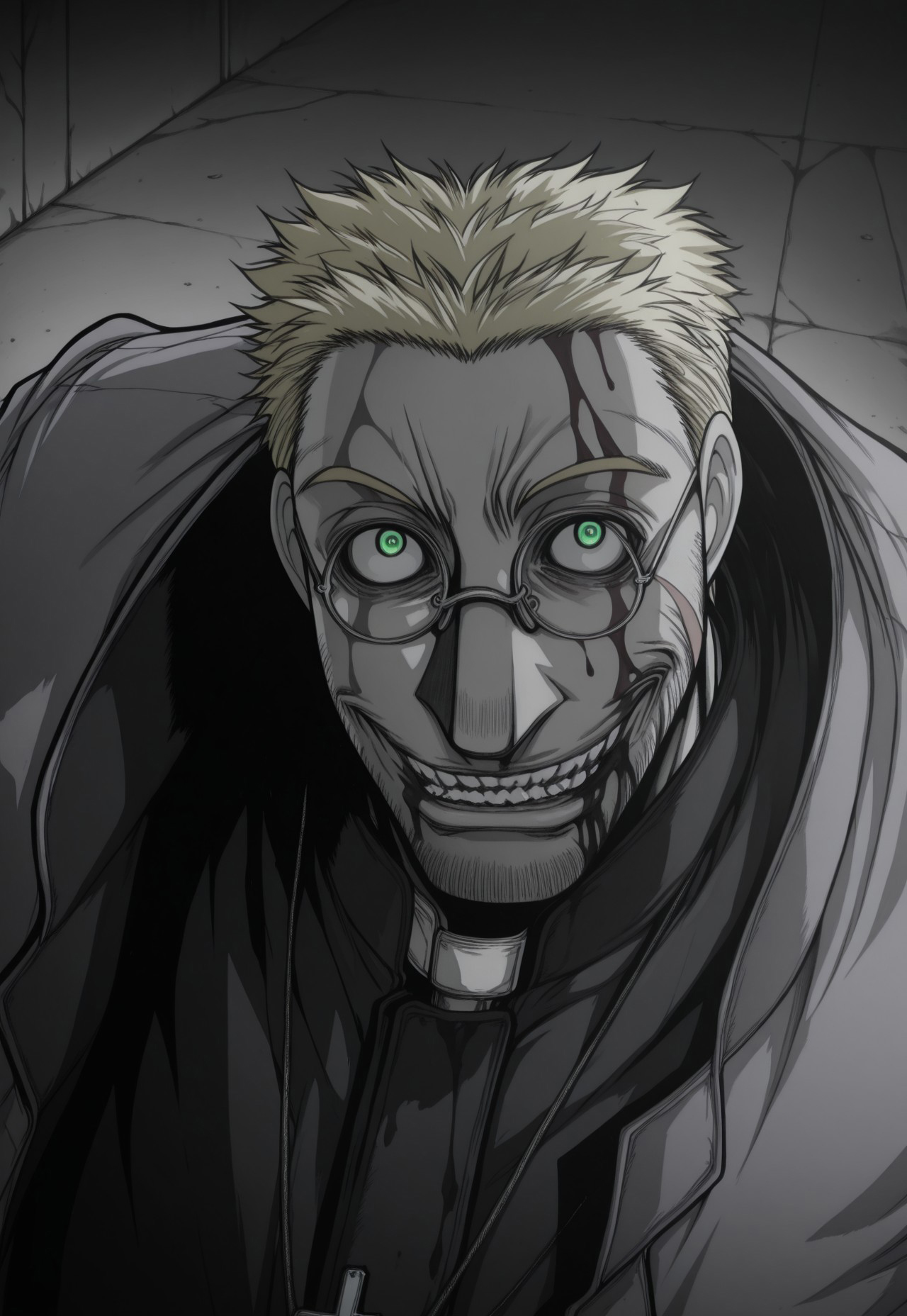 masterpiece, best quality, very aesthetic,
AlexanderAnderson, 1boy, solo, blonde hair, short hair, facial hair, (((green eyes))), scar on cheek, glasses, cross necklace, grey coat, black jacket, white gloves, crazy eyes, evil smile, looking at viewer, portrait, perspective, blood on face, blood on mouth, greyscale, monochrome,