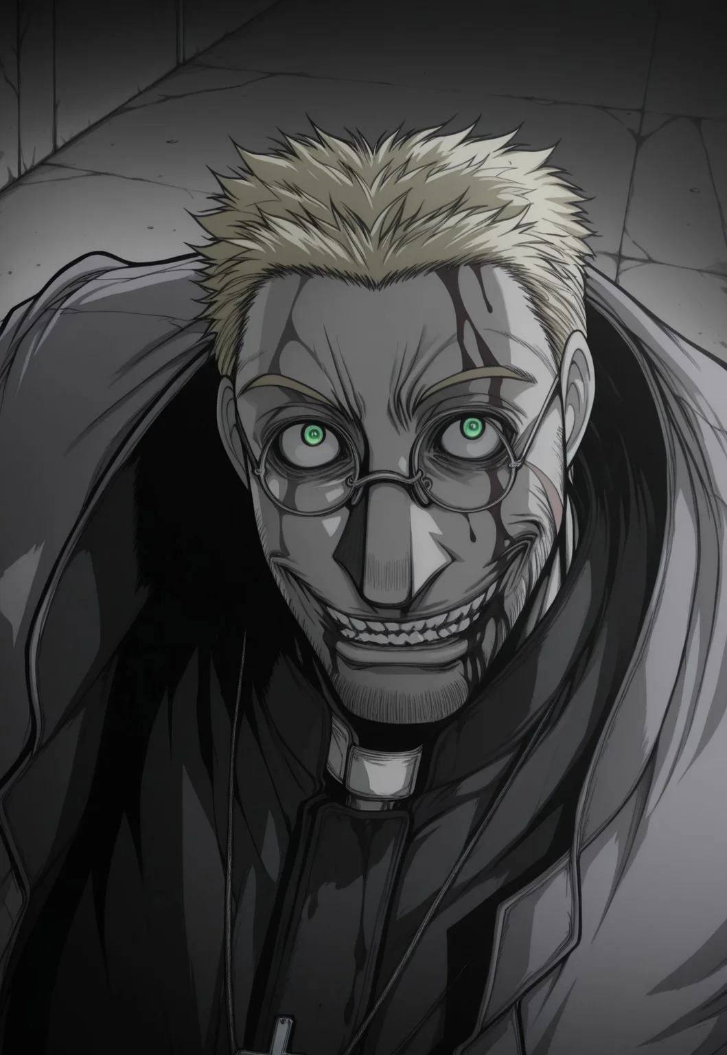 masterpiece, best quality, very aesthetic,
AlexanderAnderson, 1boy, solo, blonde hair, short hair, facial hair, (((green eyes))), scar on cheek, glasses, cross necklace, grey coat, black jacket, white gloves, crazy eyes, evil smile, looking at viewer, portrait, perspective, blood on face, blood on mouth, greyscale, monochrome,