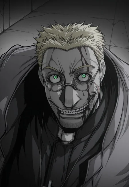 masterpiece, best quality, very aesthetic,
AlexanderAnderson, 1boy, solo, blonde hair, short hair, facial hair, (((green eyes))), scar on cheek, glasses, cross necklace, grey coat, black jacket, white gloves, crazy eyes, evil smile, looking at viewer, portrait, perspective, blood on face, blood on mouth, greyscale, monochrome,