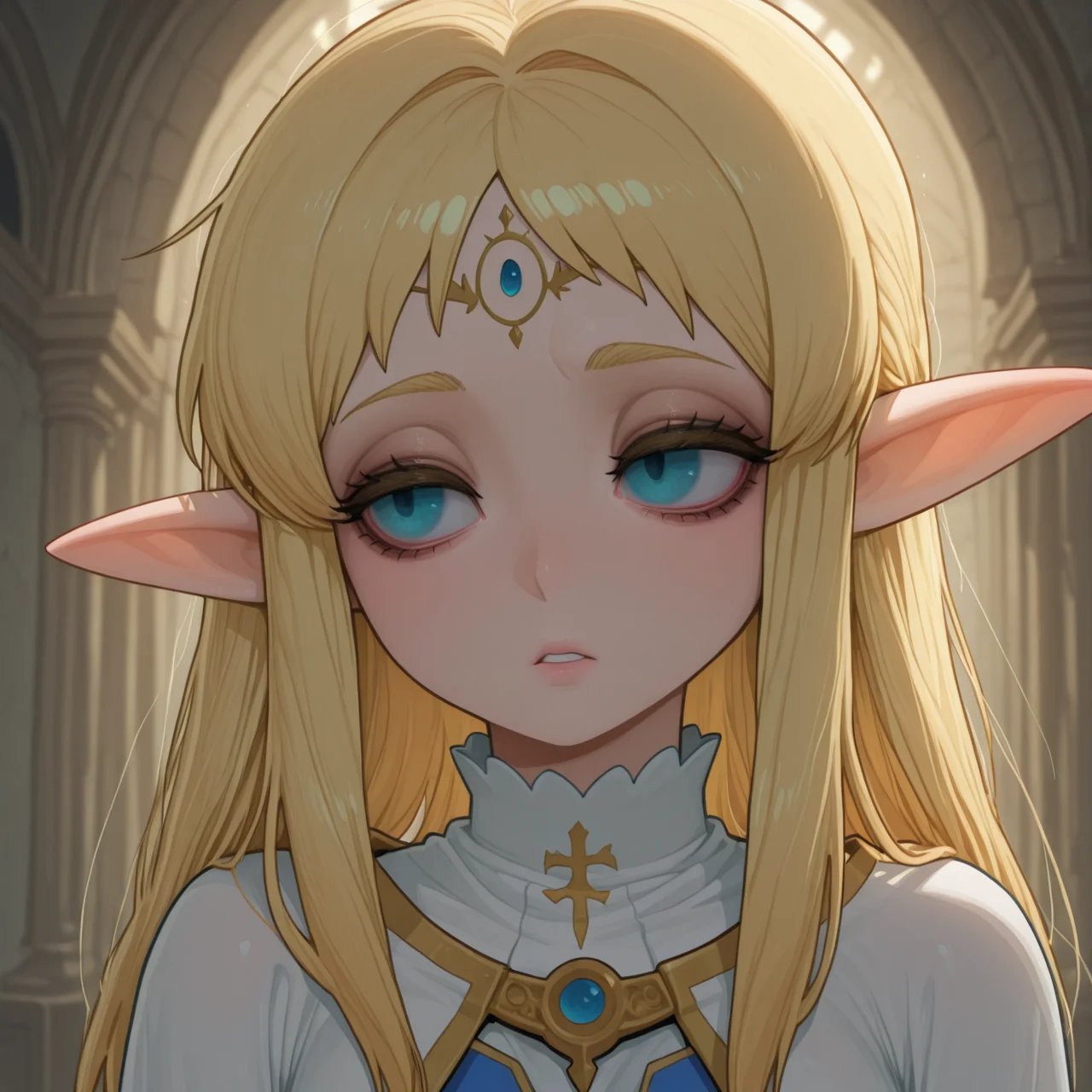 1girl,
elf priestess, troubled eyes as dark symbols and corrupt whispers fill the temple, ambient shadows, front view
<lora:DarkfireStyle12:1.25>