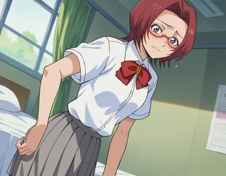 score_9, score_8_up, score_7_up, source_anime,
chizuruhonsho, <lora:chizuru-honsho-s1-ponyxl-lora-nochekaiser:1>,
chizuru honsho, short hair, red hair, purple eyes, glasses,
skirt, shirt, bow, school uniform, white shirt, short sleeves, pleated skirt, bowtie, red bow, red bowtie, grey skirt,
indoors, bed, bed room, on side, blush, drunk,
looking at viewer, dutch angle, cowboy shot,