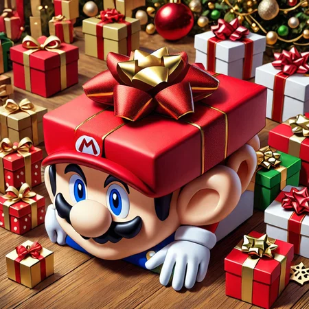 hol1d@yb0x mario, <lora:HolidayBox:1> , festive, jolly, best quality, gift box,âââ