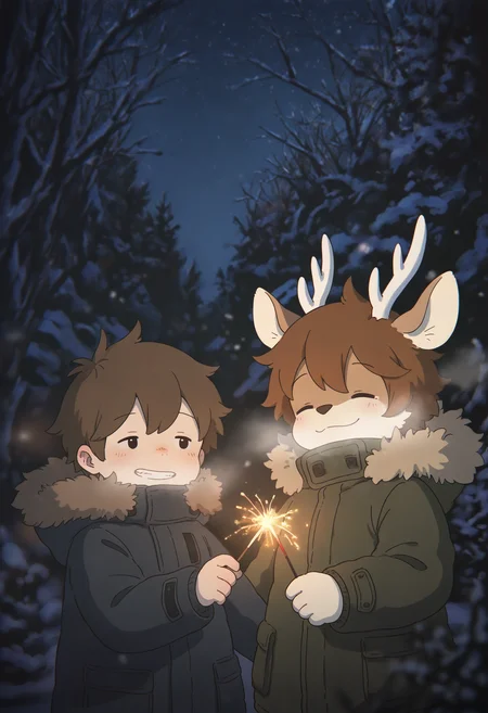 masterpiece, best quality, amazing quality, absurdres, newest,
2boys, male focus, black eyes, brown hair, hair between eyes, coat, fur-trimmed coat, hood down, fur-trimmed hood,
deer boy, deer antlers, deer ears, animal ears, furry,
winter, winter clothes, tree, outdoors, night,
holding, sparkler, looking at another, grin, closed eyes,
wide shot, realistic lighting, depth of field, film grain, chromatic abberation, blurry foreground, blurry background,
<lora:nishiko:0.8>