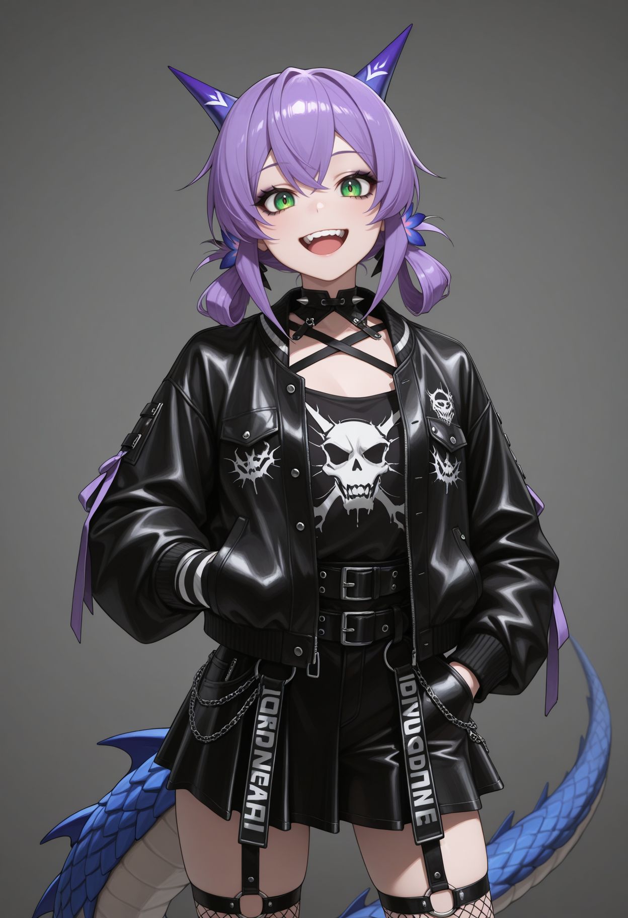 masterpiece,best quality,absurdres,highres,very aesthetic,high quality,detailed,insanely detailed,beautiful,
, <lora:Flatorte illu:0.9> 1girl, purple hair, long hair, green eyes, hair ornament, dragon girl, dragon tail,
((punk outfit,)), smile, open jacket, hand on pocket, goth eyeliner, open mouth, full teeth
