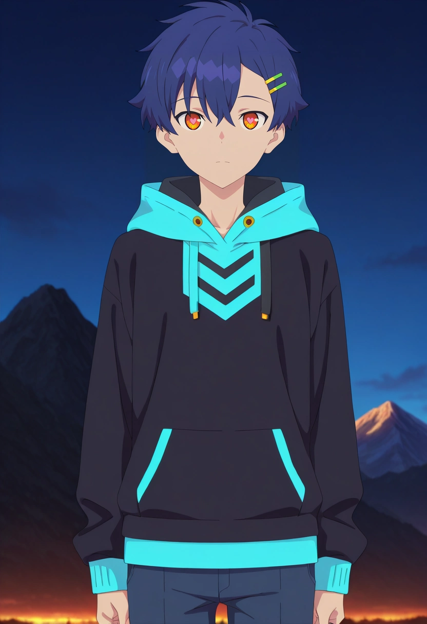 masterpiece, best quality, , anime screencap, anime coloring, official style, looking at viewer, 1boy, solo, male focus, <lora:yomogi_asanaka_ilxl:1>, yomogi_asanaka, blue hair, orange eyes, short hair, bangs, hair between eyes, hairclip, hoodie, cowboy shot, mountain, dark, floating, heart eyes,