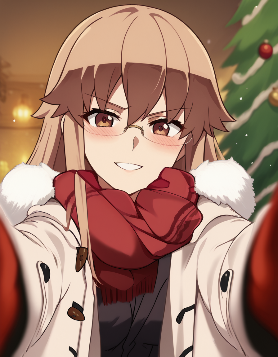 score_9, score_8_up, score_7_up, source_anime, <lora:charlotte-zoom-s1-ponyxl-lora-nochekaiser:1>, charlotte zoom, long hair, brown hair, brown eyes, glasses, sidelocks, large breasts, anime screencap,, <lora:pov-cheek-warming-ponyxl-lora-nochekaiser:1>, pov cheek warming, pov cheek warming (meme), winter gloves, duffel coat, fur-trimmed scarf, winter clothes, red mittens, meme, winter coat, red scarf, fur-trimmed coat, reaching towards viewer, reaching, mittens, fur-trimmed hood, white coat, open coat, scarf, coat, red gloves, snowing, pov, fur trim, depth of field, smile, blush,, christmas, christmas tree, christmas lights,, , dutch angle, cowboy shot