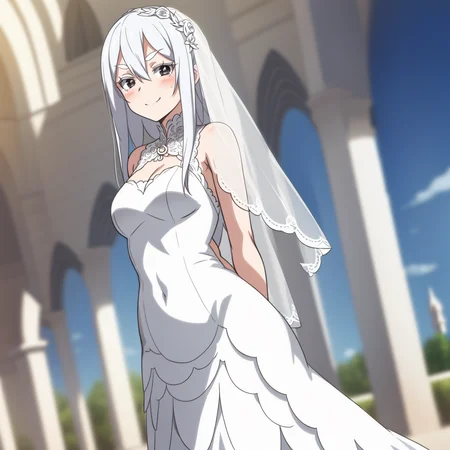 masterpiece,best quality,anime,2d,detailed eyes,
<lora:EchidnaNAI:0.9>
1girl,solo,cowboy shot, very long hair, white hair, black eyes, colored eyelashes, white_eyelashes,hair between eyes, medium breasts, standing, cathedral, ,temple,white_eyebrows,blush,smile,happy, (wedding dress:1.3), bridal veil,