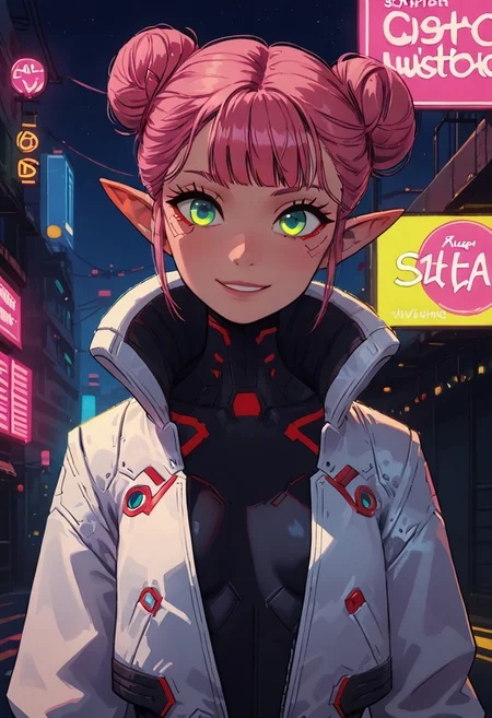 (masterpiece), highest quality, upper body, 1girl, sexy elf woman, pink hair, double bun hair, bangs, perfect detailed glowing green eyes, beautiful detailed face, slim, small breasts, leotard with puff jacket, (confident smile), holding pistol, dynamic pose, cyberpunk, futuristic, outdoors, night, city street, neon signs, food vendor, detailed background