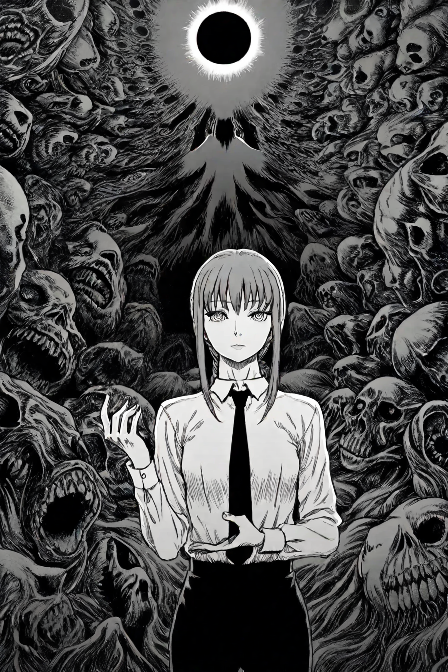 <lora:mak1ma0XL_Pony_v1:0.6> , mak1ma0, makima,  long hair, ringed eyes, white collared shirt,black necktie, black pants, 1girl, solo, alone,  female focus, upper body, hand sign, hand gesture, <lora:kentaro_miura_style_illustriousXL:1>, kentaro_miura_style,  eclipse,  monster, skull,  monochrome, greyscale, masterpiece, highres