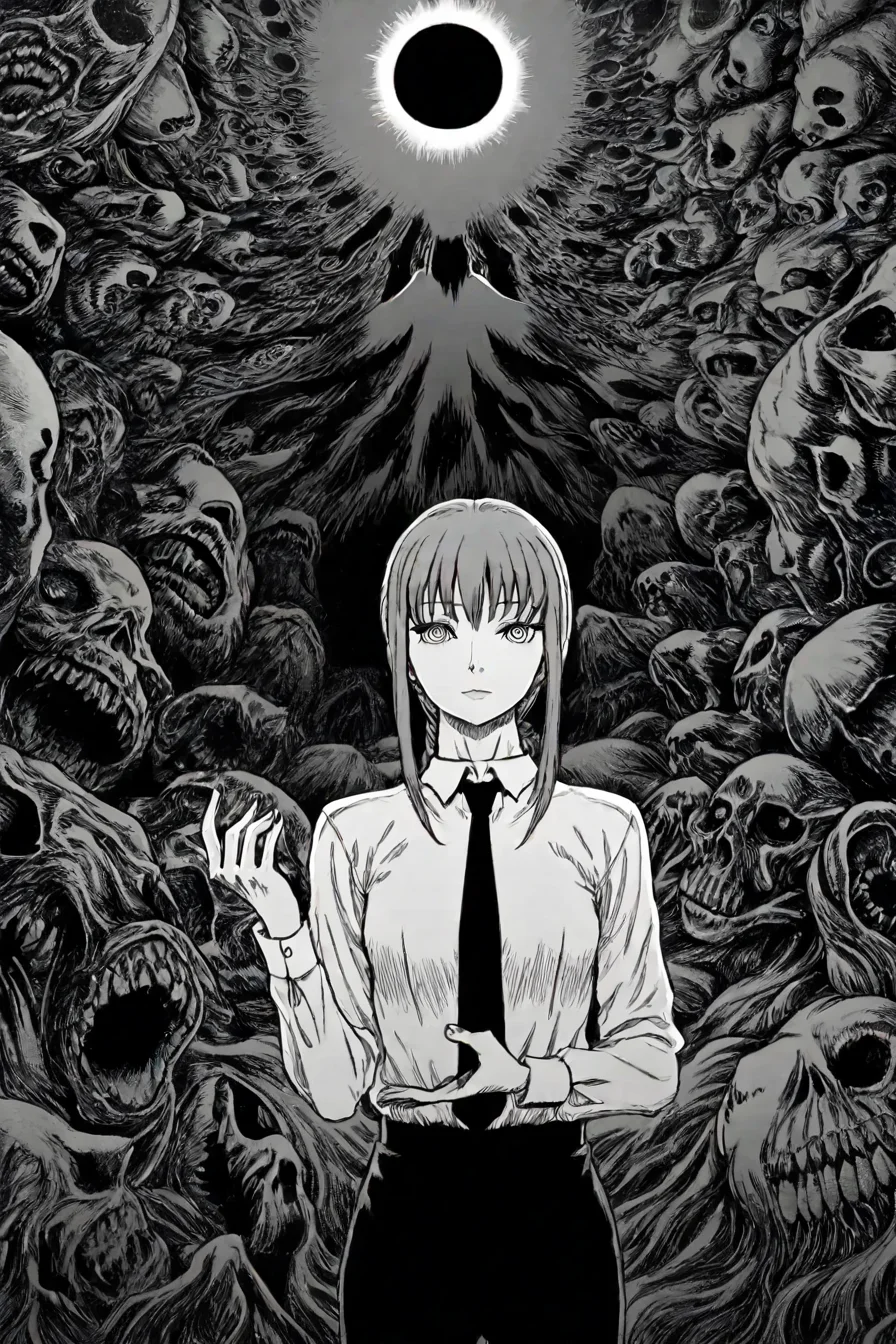 <lora:mak1ma0XL_Pony_v1:0.6> , mak1ma0, makima, long hair, ringed eyes, white collared shirt,black necktie, black pants, 1girl, solo, alone, female focus, upper body, hand sign, hand gesture, <lora:kentaro_miura_style_illustriousXL:1>, kentaro_miura_style, eclipse, monster, skull, monochrome, greyscale, masterpiece, highres