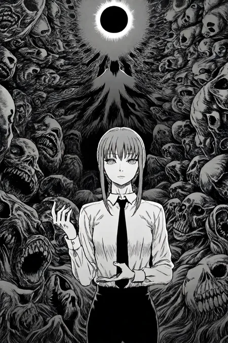 <lora:mak1ma0XL_Pony_v1:0.6> , mak1ma0, makima, long hair, ringed eyes, white collared shirt,black necktie, black pants, 1girl, solo, alone, female focus, upper body, hand sign, hand gesture, <lora:kentaro_miura_style_illustriousXL:1>, kentaro_miura_style, eclipse, monster, skull, monochrome, greyscale, masterpiece, highres