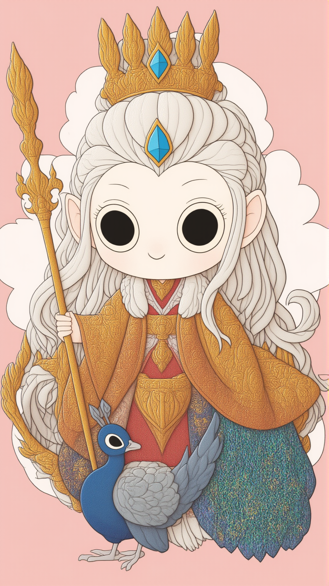 <lora:KawaiisStyle:1>kawaii style Hera, the goddess of marriage and queen of the gods. Wearing a regal crown and flowing robes, with a proud and stern expression. She holds a scepter, and a peacock with its feathers spread wide stands beside her. She is surrounded by clouds, exuding authority and majesty.