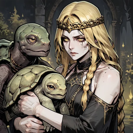 masterpiece, best quality, newest, absurdres, highres, TTCSV1.0, MTDPV1.0, turtle, tortoise, hat, mitre, white headwear, oversized animal
BREAK
1girl, queen marika the eternal (elden ring), bare shoulders, black dress, circlet, gold circlet, cracked skin, halter dress, halterneck, long hair, yellow eyes, braid, braided hair, long braid, blonde, blonde hair, hugg, hugging animal, hugging turtle,