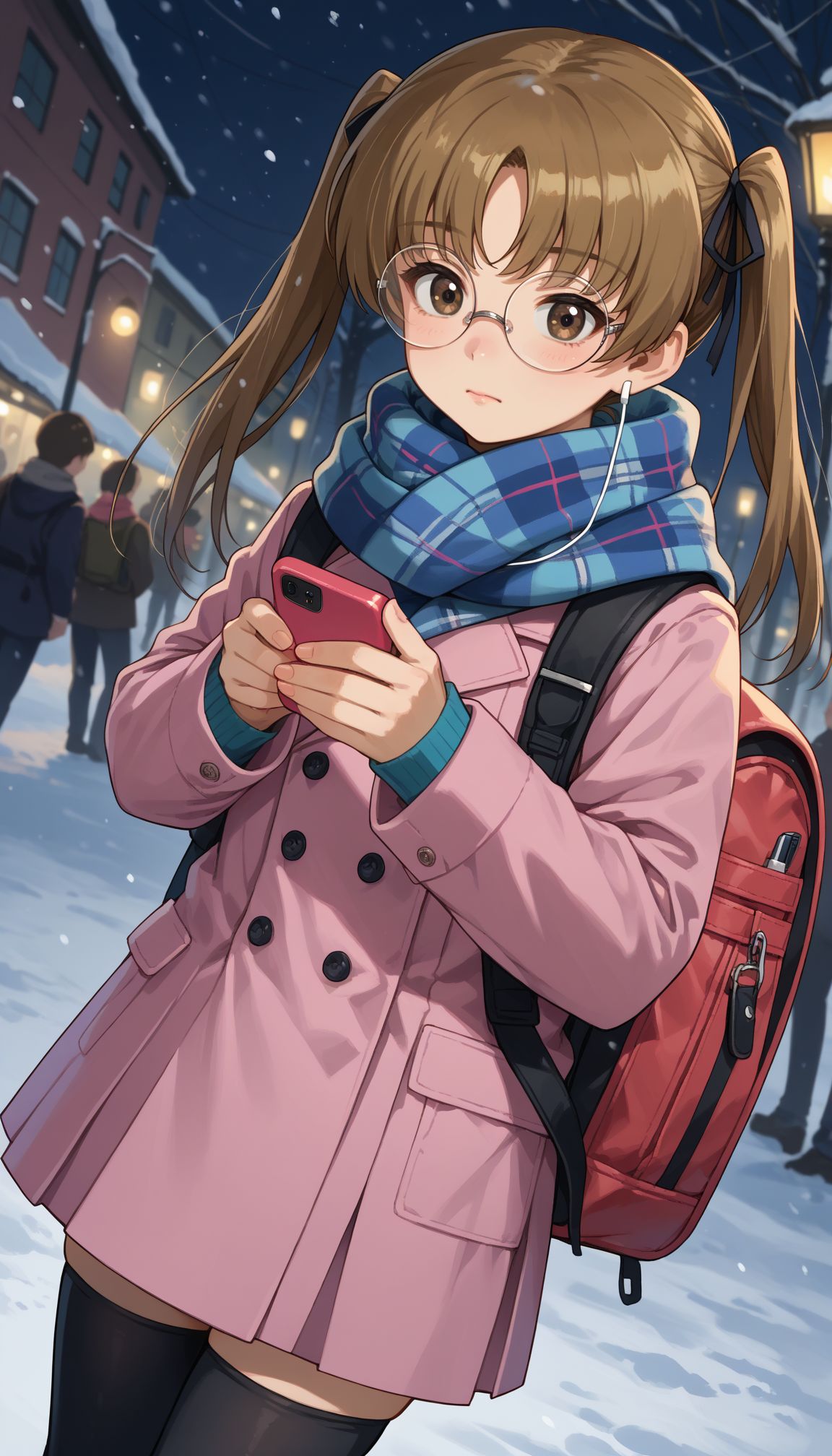 score_9, score_8_up, score_7_up, source_anime,  outdoor, street, snow, night,
 <lora:GUPAya :1>, GUPAya , glasses, 1girl, twintails, long hair, pleated skirt, hair ribbon, cellphone, grey skirt, black ribbon, pink coat, bag, holding phone, brown hair, brown eyes, dutch angle, earphones, black thighhighs, smartphone, long sleeves, round eyewear, rimless eyewear, backpack, miniskirt, closed mouth, plaid scarf, standing, zettai ryouiki, bangs, double-breasted,, blue scarf, , buttons, flower, blurry foreground