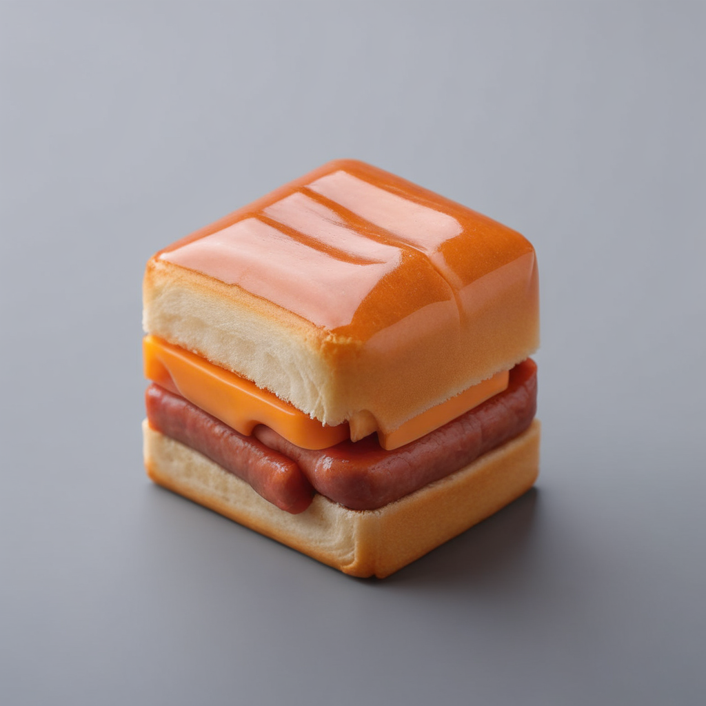 A standard cubic hot dog, meticulously compressed to perfection, sits in the center of the frame. The hot dog's familiar shape is now transformed into a perfect cube, challenging the viewer's expectations. It's tightly sealed within a transparent vacuum-sealed bag, preserving its unique form. The lighting is soft and even, highlighting the glossy sheen of the vacuum bag and the intricate details of the cubic hot dog. The background is a neutral white, ensuring all attention remains on the subject. Medium: Digital Photography. Style: Hyper-realistic, high contrast, and detailed. Lighting: Soft overhead lighting. Colors: Natural with a focus on the warm tones of the hot dog. Composition: Canon EOS 5D Mark IV DSLR camera, EF 50mm f/1.8 STM lens, Resolution 30.4 megapixels, ISO sensitivity: 100, Shutter speed 1/125 second., <lora:chunks3:0.65>