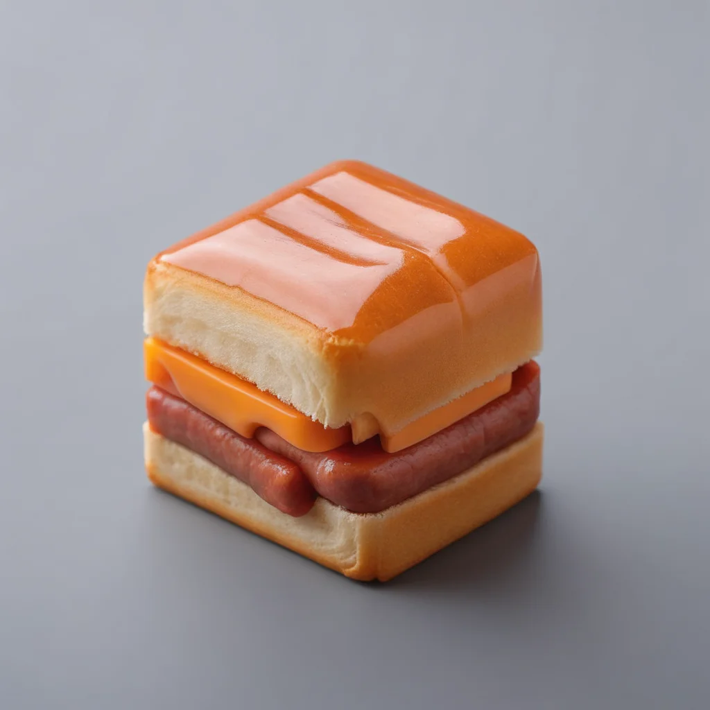 A standard cubic hot dog, meticulously compressed to perfection, sits in the center of the frame. The hot dog's familiar shape is now transformed into a perfect cube, challenging the viewer's expectations. It's tightly sealed within a transparent vacuum-sealed bag, preserving its unique form. The lighting is soft and even, highlighting the glossy sheen of the vacuum bag and the intricate details of the cubic hot dog. The background is a neutral white, ensuring all attention remains on the subject. Medium: Digital Photography. Style: Hyper-realistic, high contrast, and detailed. Lighting: Soft overhead lighting. Colors: Natural with a focus on the warm tones of the hot dog. Composition: Canon EOS 5D Mark IV DSLR camera, EF 50mm f/1.8 STM lens, Resolution 30.4 megapixels, ISO sensitivity: 100, Shutter speed 1/125 second., <lora:chunks3:0.65>