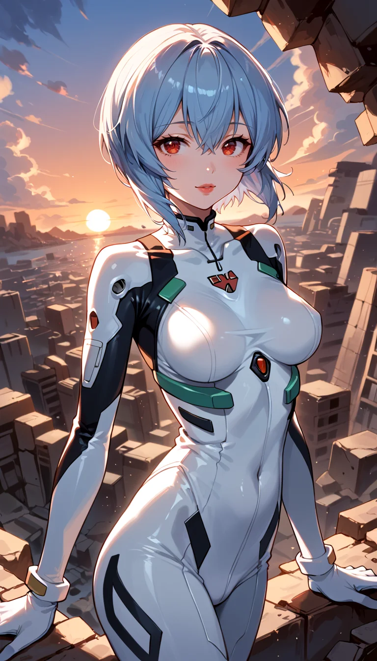 score_9, score_8_up, score_7_up, Anime Style, Cowboy Shot, Ayanami Rei, cute, seductive, innocent, light smile:0.3, plump lips, slender body, red eyes, short light blue hair, floating hair, white plugsuit, sunset, rubble in the background, depth of field, dynamic angle, fashion photography, sharp, hyperdetailed:1.15