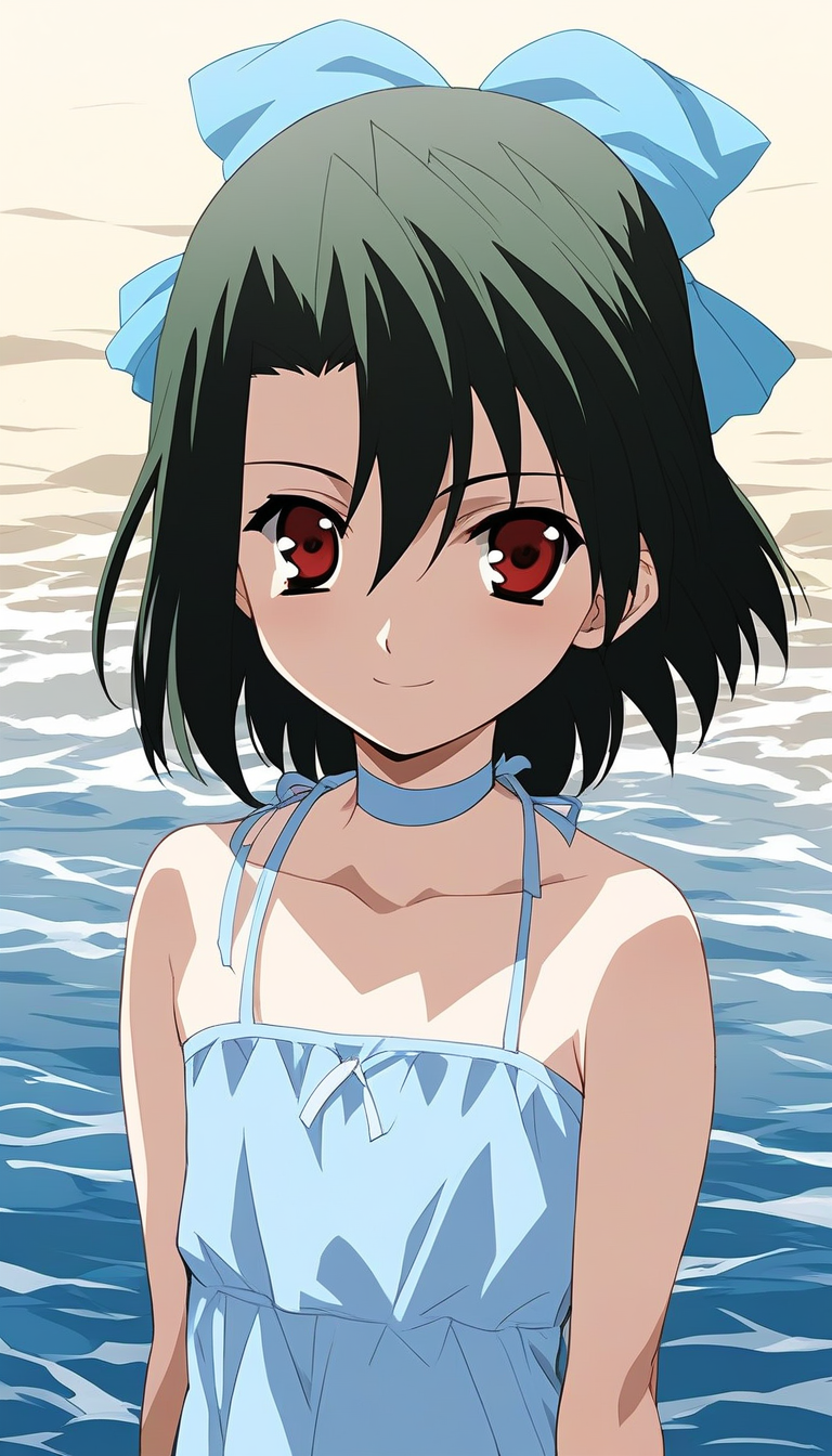 score_9, score_8_up, score_7_up, source_anime, rating_explicit, BREAK  <lora:Kiyoura_Setsuna_XL:1> Kiyoura_Setsuna, black hair,  green hair, short hair, red eyes, hair ribbon, flat chest,hair between eyes, bangs,
1girl, solo, dress, choker, light blue bow, looking at viewer, smile,
bare shoulders, light blue dress, sundress, collarbone, upper body
outdoor, beach, summer,