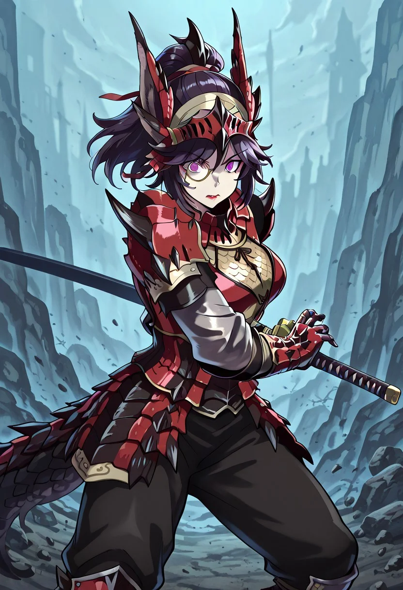 masterpiece, best quality, amazing quality,, zweibelle, purple eyes, dark hair, pale skin, monocle, animal ears, black tail, plum lipstick, anime screencap,, <lora:rathalos-armor-illustriousxl-lora-nochekaiser:1>, rathalos armor, rathalos (armor), gauntlets, red armor, scale armor, shoulder spikes, spiked armor, spikes, helmet, headgear, visor, hairband, headband,, <lora:battoujutsu-stance-illustriousxl-lora-nochekaiser:1>, battoujutsu stance, looking at viewer, holding, weapon, sword, holding weapon, holding sword, standing, katana, sheath, sheathed, fighting stance, ready to draw, scared, , ,