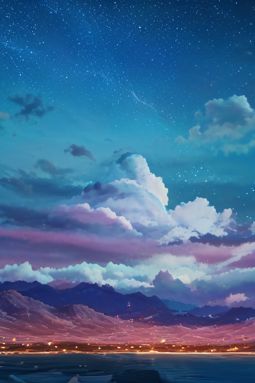 (masterpiece, best quality:1.4), high res, dramatic, scerery, large area sky, starfall, night, sky, stars, <lora:conceptBetterSky_sky:0.7>, puffy clouds, water surface, 3DMM mountain,  <lora:Detailed_Places_R-128_v1:0.7>